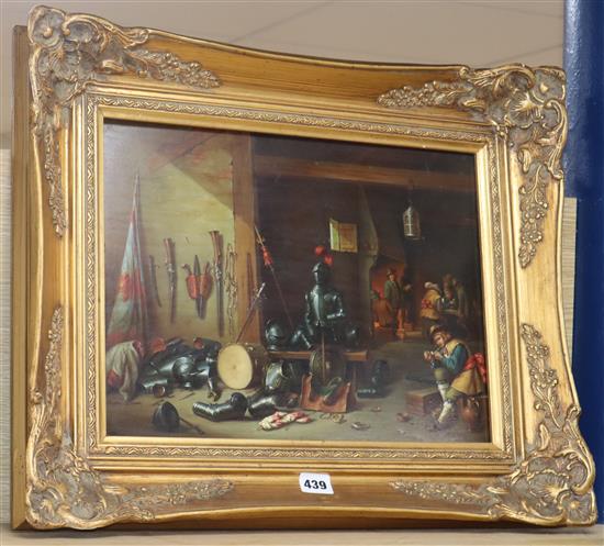 Continental School (20th century), a Dutch style scene of an armoury, with figures, 30 x 30cm